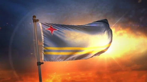 Aruba Flag Backlit At Beautiful Sunrise Loop Slow Motion 4K Stock Footage 76209048