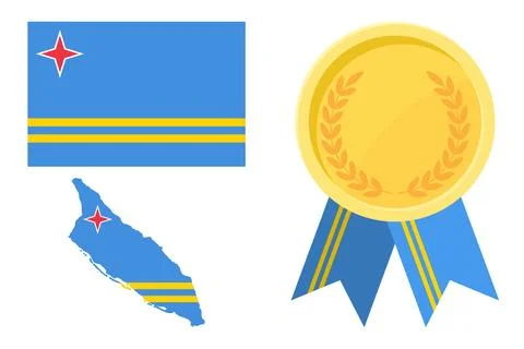 Aruba flag with map and gold medal in set for web and banners or app and game Stock Illustration