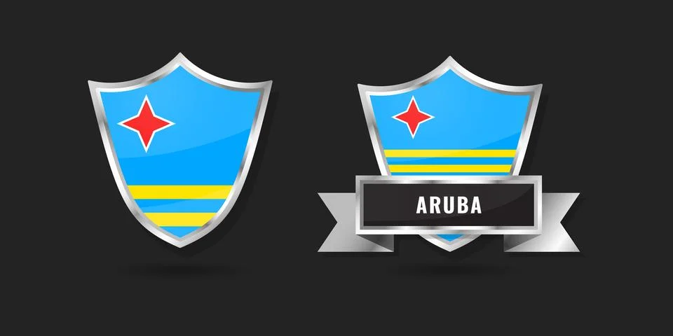Aruba Flag Shield Emblem Set, Glossy Silver National Badges with Ribbon, Ar.. Stock Illustration