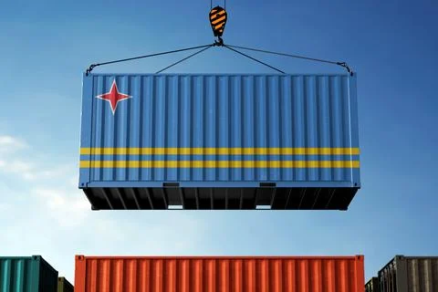 Aruba trade cargo container hanging against clouds background Stock Illustration