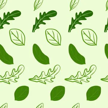 Arugula and basil leaves pattern on a light green background. For use on text Stock Illustration