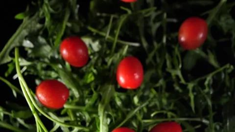 Arugula leaves and small tomatoes fly into the air. Slow motion. Macro mode. Clo Stock Footage 271732736