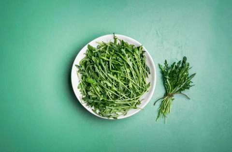 Arugula salad and arugula bundle on green table. Fresh herbs Stock Photos