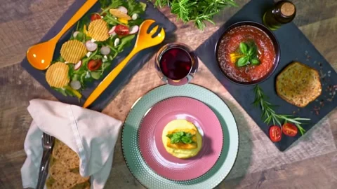 Arugula salad, mashed fish and gazpacho soup. Stock Footage 133782792