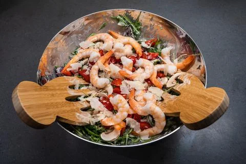 Arugula Salad with Prawns, Tomato and Button Mushrooms in a Bowl Stock Photos
