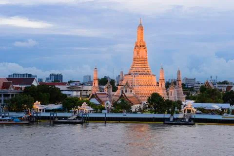 Arun temple river front with sunset sky background Stock Photos