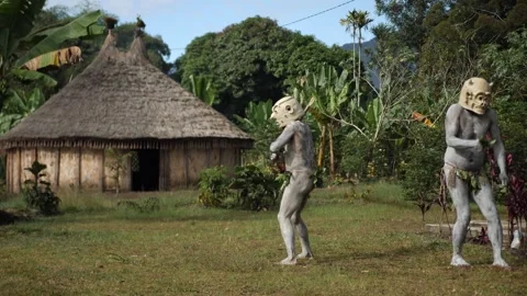 Asaro Mudmen tribe Bow hunting in Papua New Guinea. Stock Footage 310860632