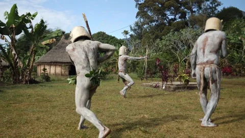 Asaro Mudmen tribe Bow hunting in Papua New Guinea. Stock Footage 310860937