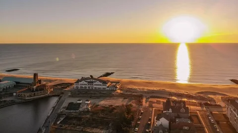 Asbury Park, New Jersey, Sunrise Aerial Drone Timelapse of Beach Stock Footage