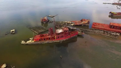 Ascend and Pan over Staten Island Boat Graveyard Video stock 67105789