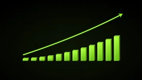 Ascending 3D bar chart with a rising curved arrow on a black background Stock Footage 342513609
