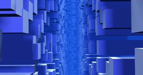 Ascending up along cubes, boxes,  3d city , buildings in light blue fog, mist Stock Footage 69061564
