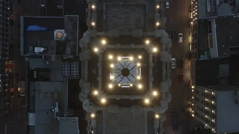 Ascending and Rotating Shot of Illuminated Building in Old Montreal Stock Footage