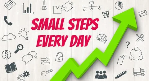 Ascending arrow with icons - Small steps every day Stock Illustration