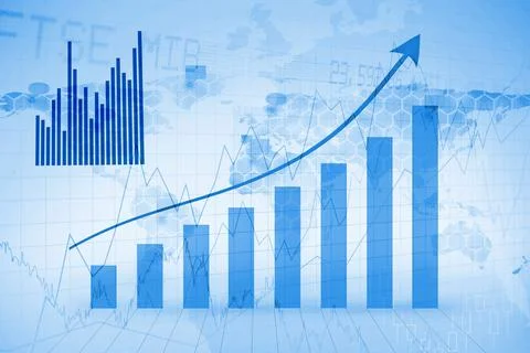 Ascending bar chart is rising in flat design with line graph, hex overlay and Illustrazione stock