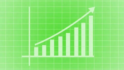 Ascending bar chart with upward-curving arrow graph animation Stock Footage 335488318