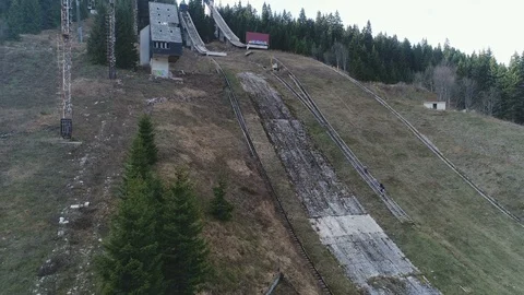 Ascending drone shot of former ski jump site of 1984 Sarajevo Olympics Stock-Footage 85937346