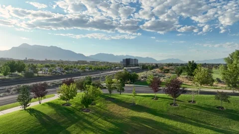 Ascending Drone Shot Of Train Station Platform And Golf Course During The Stock Footage 315765180
