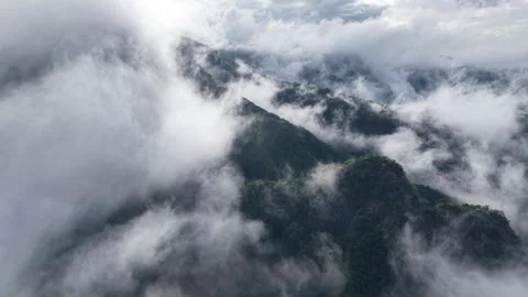 Ascending Drone Through Dense Mist After Rain Over Gubongsan, South Korea Stock Footage 345867486