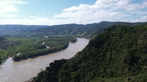 Ascending drone view of Danube River and hills in Wachau, Lower Austria Stock Footage 340159180
