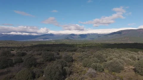 Ascending drone yaw over Tiétar Valley forests and snow covered mountains 库存影片 336758519