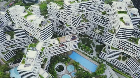 Ascending forward aerial view of an irregularly built architecture Stock Footage 109273284