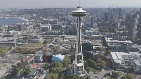 Ascending over Space Needle wide shot Stock Footage 317752479