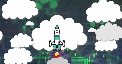 Ascending rocket icon passing through clouds over financial chart with Stock Photos