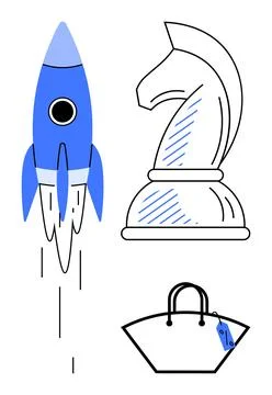 Ascending Rocket, Knight Chess Piece, and Shopping Bag with Price Tag in Mo.. Stock Illustration