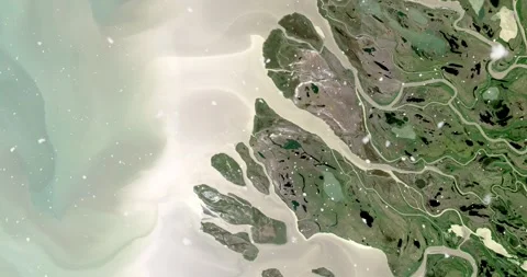 Ascending through falling snow over Mackenzie River Delta, Canada. Two versions Stock Footage 268294590