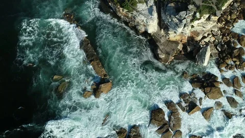 Ascent of Sea cliffs with waves and rocks, Eastern beaches, NSW, Australia, 4K Stock Footage 102086409