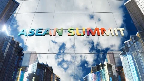 ASEAN Summit colorful gradient letters building glass signage Vídeos de archivo 324685371