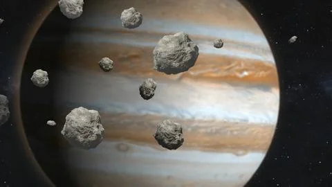 Asetroids Field with Jupiter Planet in Space 库存插图