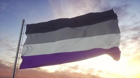 Asexual flag waving in the wind, sky and sun background. 3d rendering Illustrazione stock