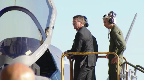Ash Carter Inspecting the Joint Strike Force Fighter Jet also known as the F-35 Stock Footage 60690828