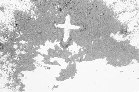 Ash Wednesday flat lay of ashes next to the ash cross. Ash Wednesday is the C Stock Photos
