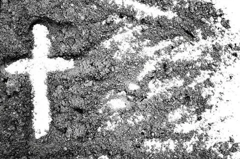 Ash Wednesday flat lay of ashes next to the ash cross. Ash Wednesday is the C Stock Photos
