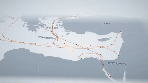Ashdod to piraeus container shipping route map animation seamless loop Stock Footage 345974156