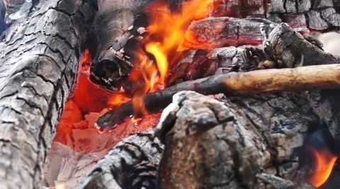 Ashes and flame on burning log in a fire Stock Footage 52372347