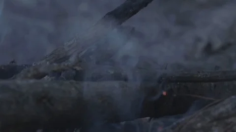 ASHES BURNING IN A CAMPFIRE DURING THE EARLY MORNING Stock Footage 122845341