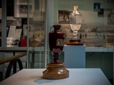 The Ashes Trophy original in front and the replica in background Stock Photos