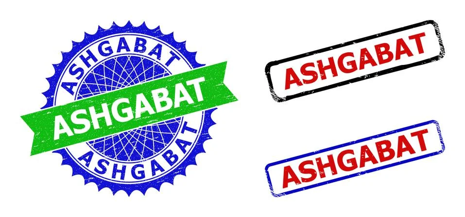 ASHGABAT Rosette and Rectangle Bicolor Seals with Unclean Textures Stock Illustration