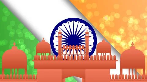 Ashok chakra, indian flag colour and red fort concept background animation. Stock Illustration