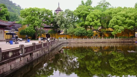 Ashoka Temple complex pond and pagoda, Ningbo, China, 4K Stock-Footage 272267119