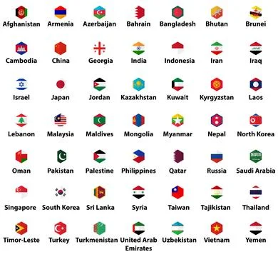 Asia all countries' hexagon flags  isolated flat style icons set Stock Illustration