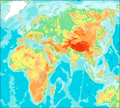 Asia centered Physical World Map Stock Illustration