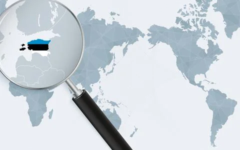 Asia centered world map with magnified glass on Estonia. Focus on map of Es.. Stock Illustration