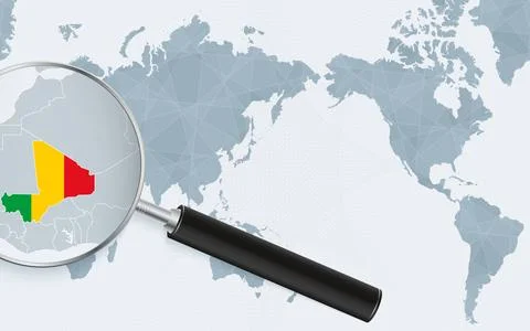 Asia centered world map with magnified glass on Mali. Focus on map of Mali .. Stock Illustration