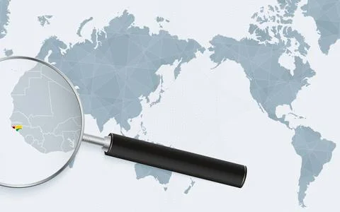 Asia centered world map with magnified glass on Guinea-Bissau. Focus on map.. Stock Illustration