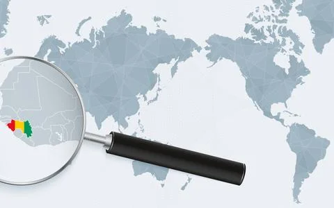 Asia centered world map with magnified glass on Guinea. Focus on map of Gui.. Stock Illustration